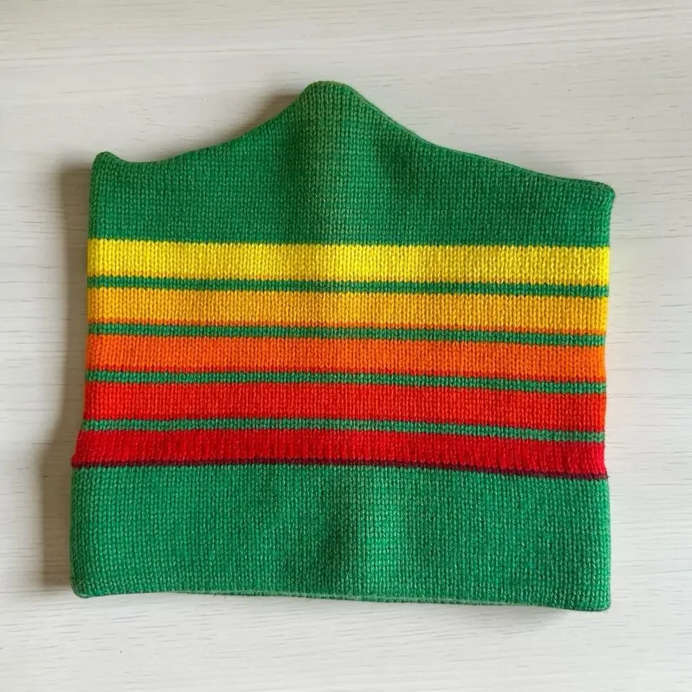 Vintage 100% Pure Wool Striped Ski Hat Beanie Green Orange Red Retro Knit Cap